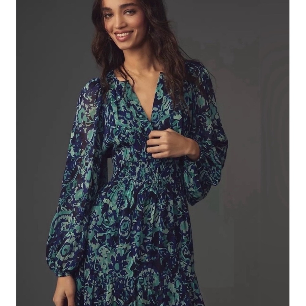 Anthropologie Somerset Mini Dress XL Blue Floral Long Sleeve Smocked‎ Waist New